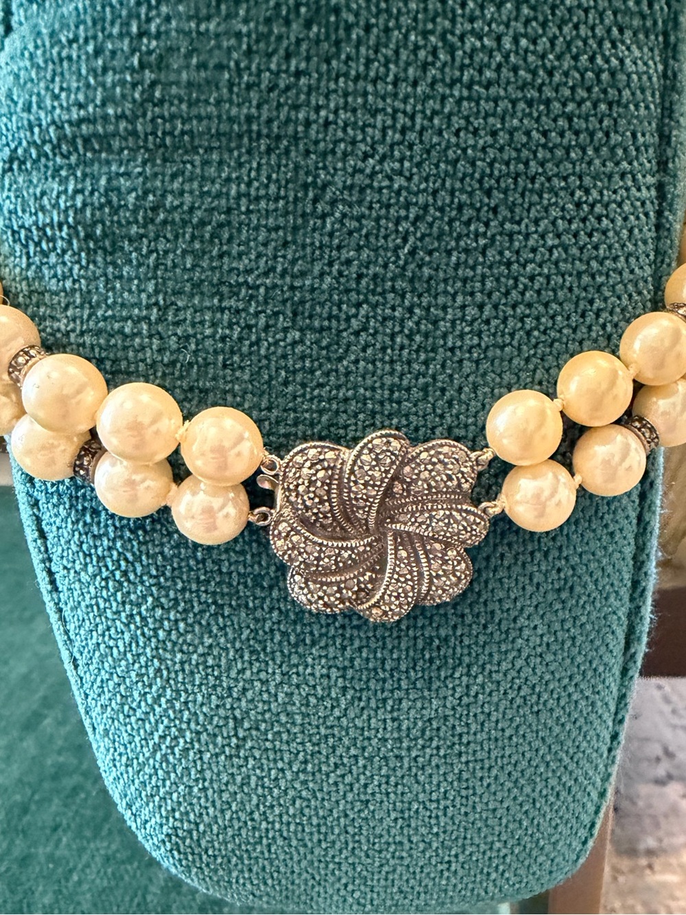 Judith Jack Cream Beaded Necklace with Decorative Silver Flower Clasp